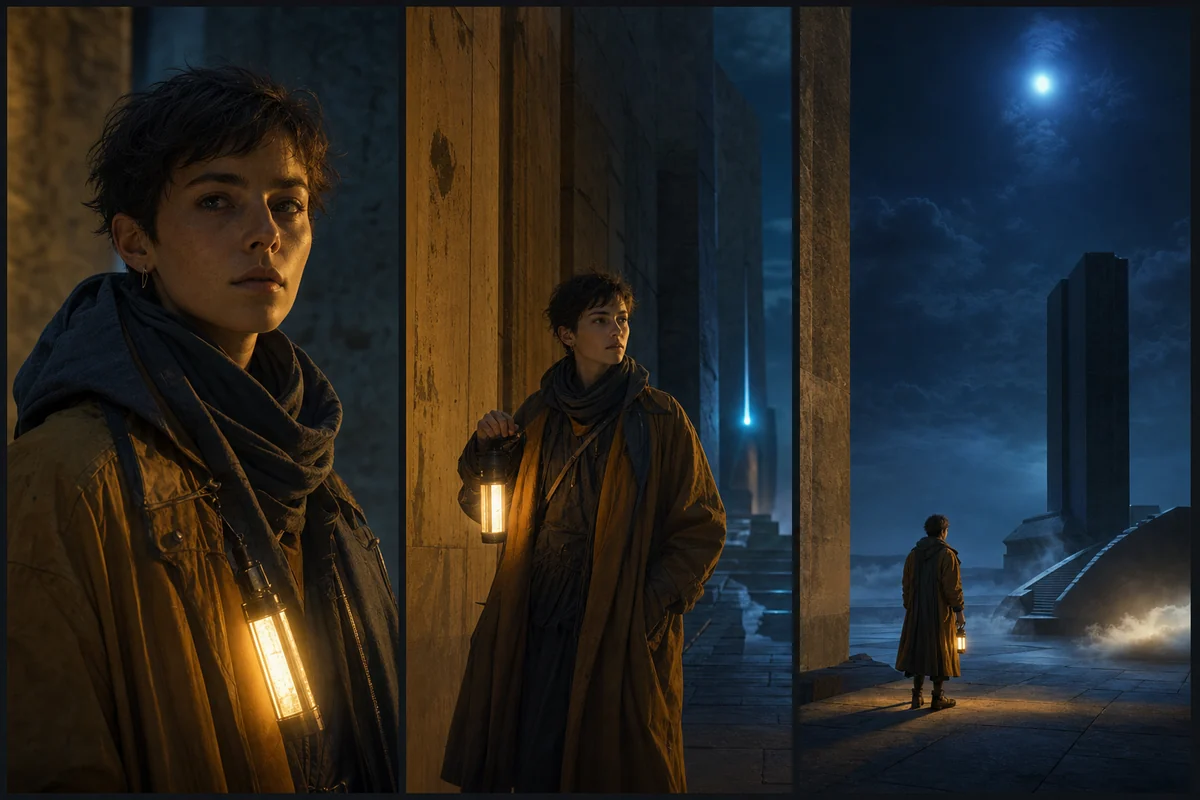 Three cinematic views of one consistent explorer in an amber coat