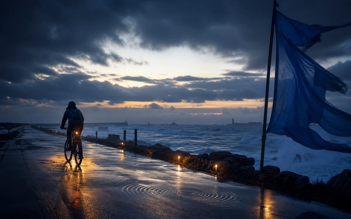 Cyclist crossing a wet coastal causeway at cobalt dusk with amber reflections